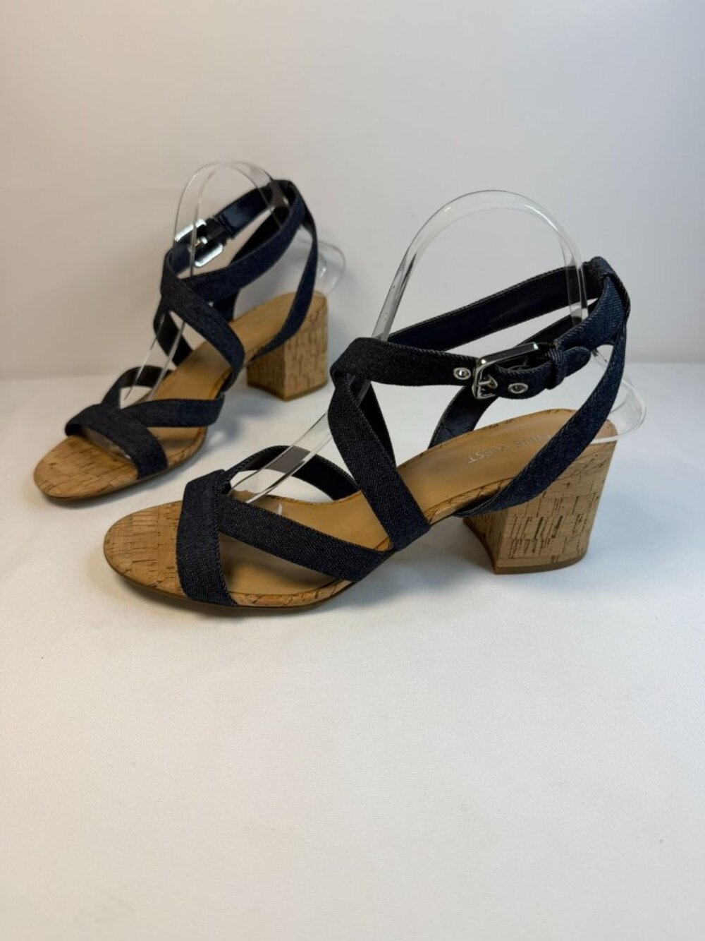 Nine West Purdy Sandals Womens Size 9.5M Denim Blue Open Toe Block Heel Dressy